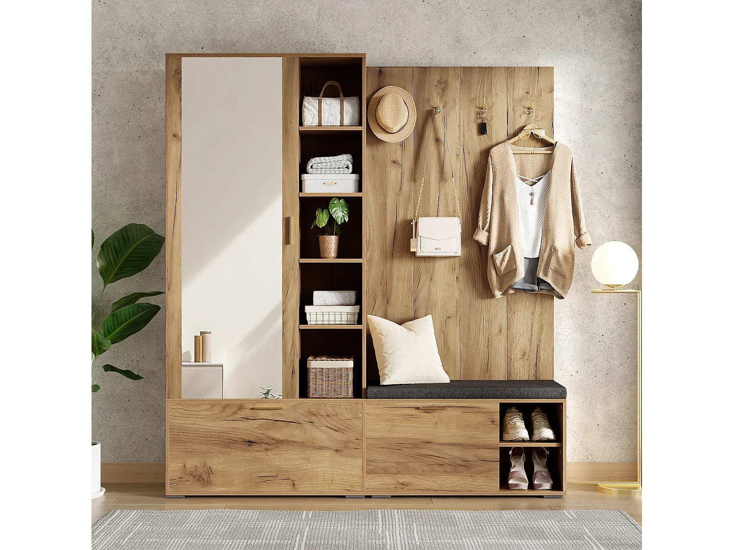 Kleiderschrank/Garderobe – 160 x 38 x 180 cm – mit Schrank und Schuhbank + Kleiderstange + 4 Haken + Spiegel + Türen – Spanplatte – natur