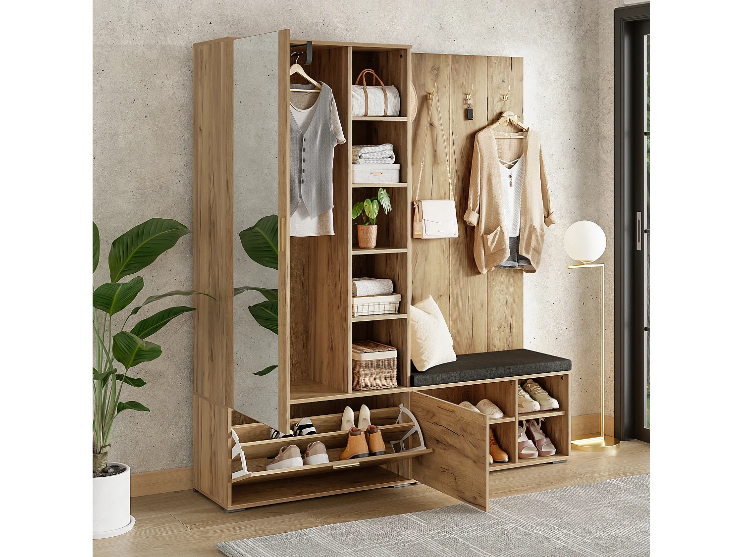 Kleiderschrank/Garderobe – 160 x 38 x 180 cm – mit Schrank und Schuhbank + Kleiderstange + 4 Haken + Spiegel + Türen – Spanplatte – natur