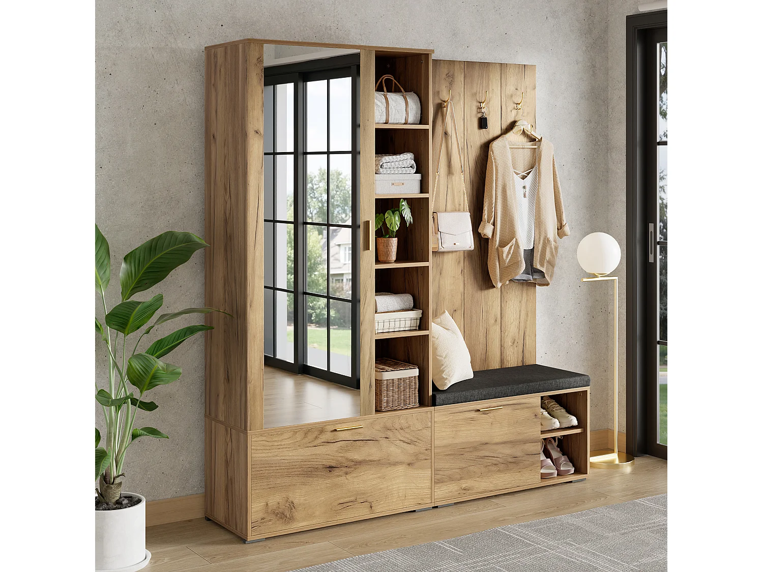 Kleiderschrank/Garderobe – 160 x 38 x 180 cm – mit Schrank und Schuhbank + Kleiderstange + 4 Haken + Spiegel + Türen – Spanplatte – natur