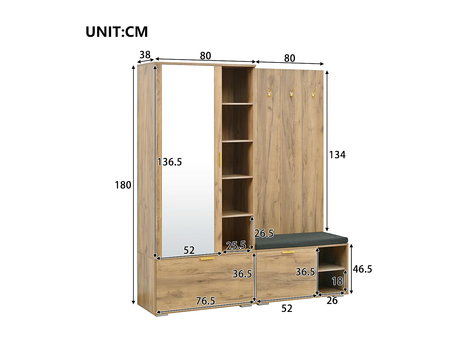 Kleiderschrank/Garderobe – 160 x 38 x 180 cm – mit Schrank und Schuhbank + Kleiderstange + 4 Haken + Spiegel + Türen – Spanplatte – natur