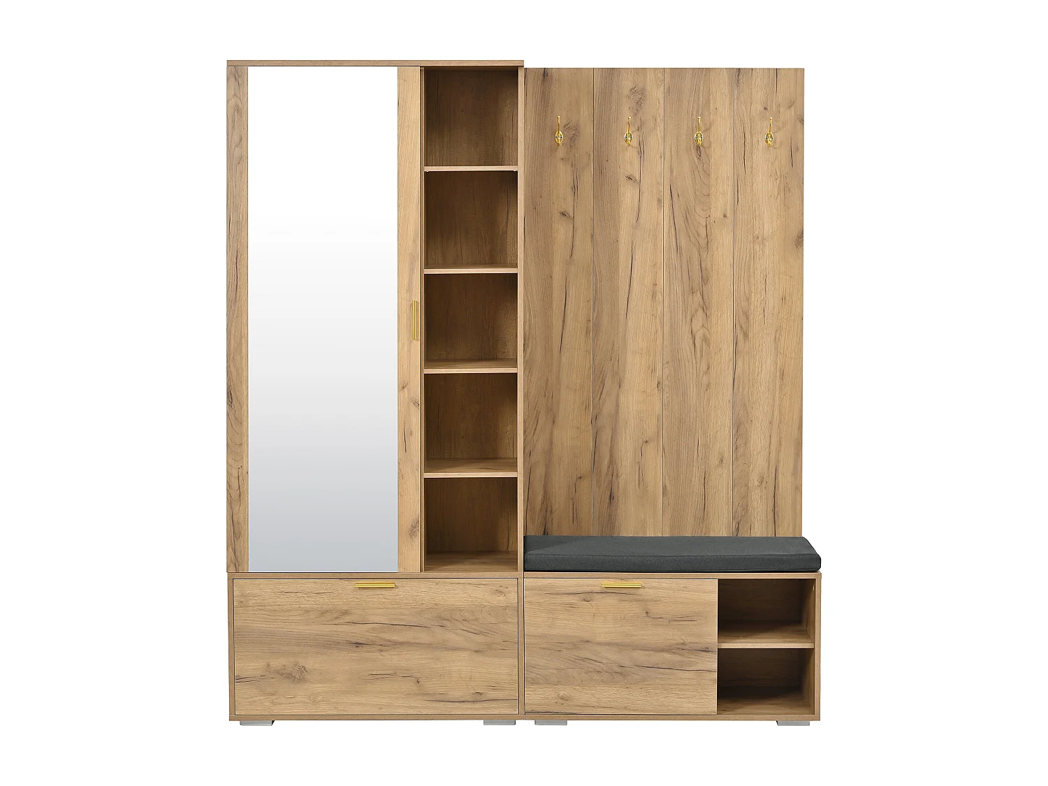 Kleiderschrank/Garderobe – 160 x 38 x 180 cm – mit Schrank und Schuhbank + Kleiderstange + 4 Haken + Spiegel + Türen – Spanplatte – natur