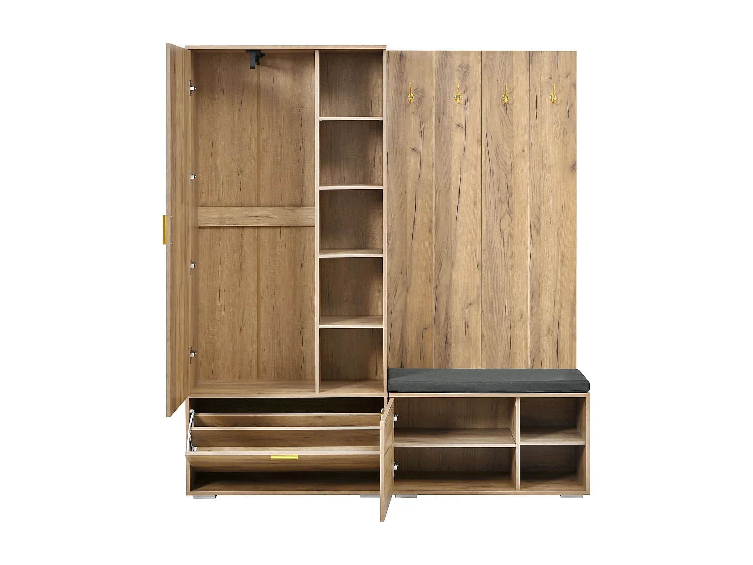 Kleiderschrank/Garderobe – 160 x 38 x 180 cm – mit Schrank und Schuhbank + Kleiderstange + 4 Haken + Spiegel + Türen – Spanplatte – natur