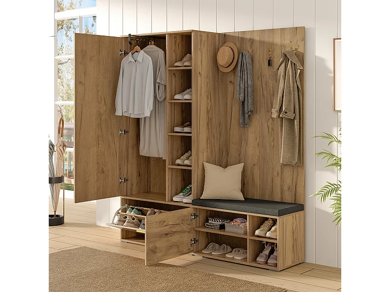 Vestiaire/porte-manteau - 160 x 38 x 180 cm - avec meuble et banc à chaussures + tringle + 4 crochets + miroir + portes - aggloméré - naturel