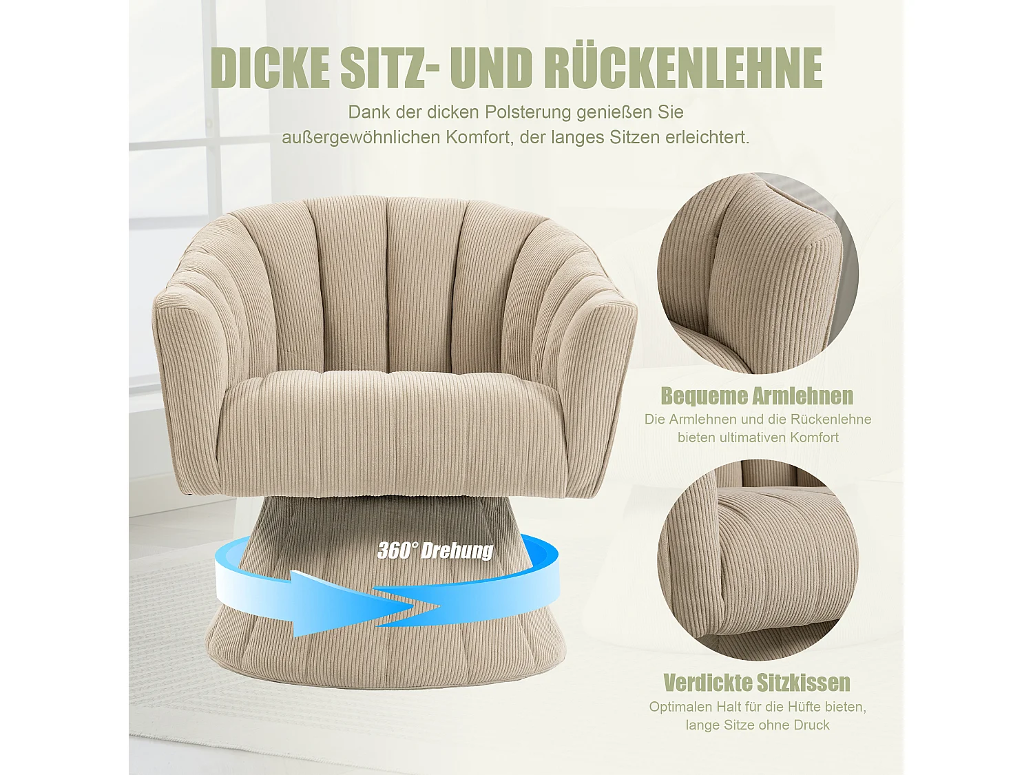 Fauteuil moderne pivotant à 360° - 70 x 66 x 72 cm - avec assise et dossier ergonomiques + accoudoirs - velours - kaki