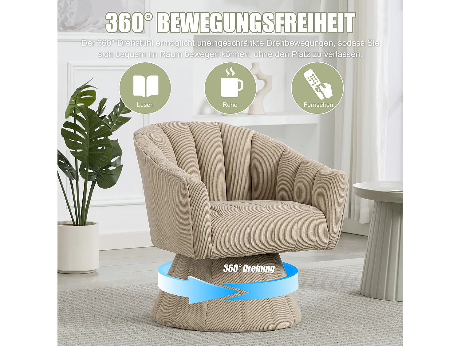Fauteuil moderne pivotant à 360° - 70 x 66 x 72 cm - avec assise et dossier ergonomiques + accoudoirs - velours - kaki