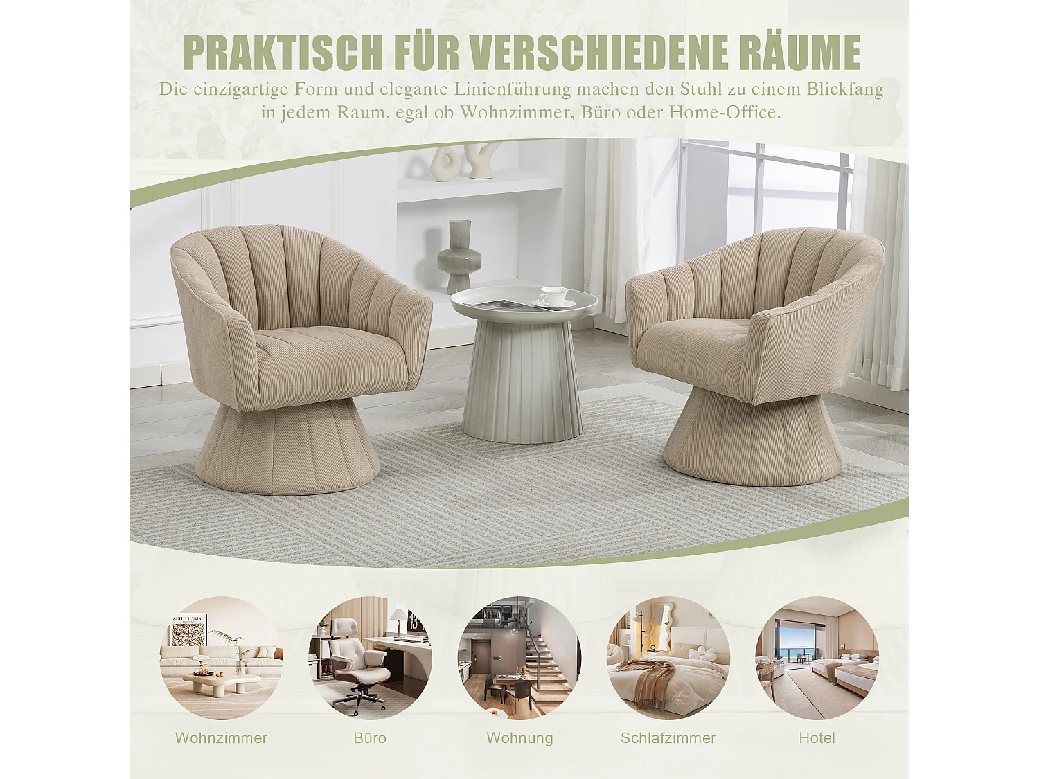 Fauteuil moderne pivotant à 360° - 70 x 66 x 72 cm - avec assise et dossier ergonomiques + accoudoirs - velours - kaki