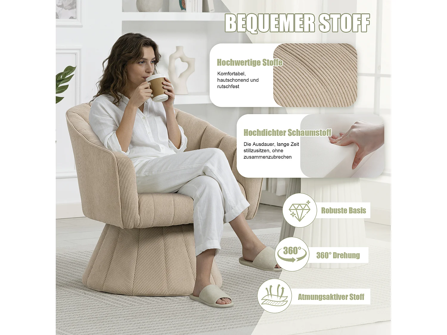Fauteuil moderne pivotant à 360° - 70 x 66 x 72 cm - avec assise et dossier ergonomiques + accoudoirs - velours - kaki