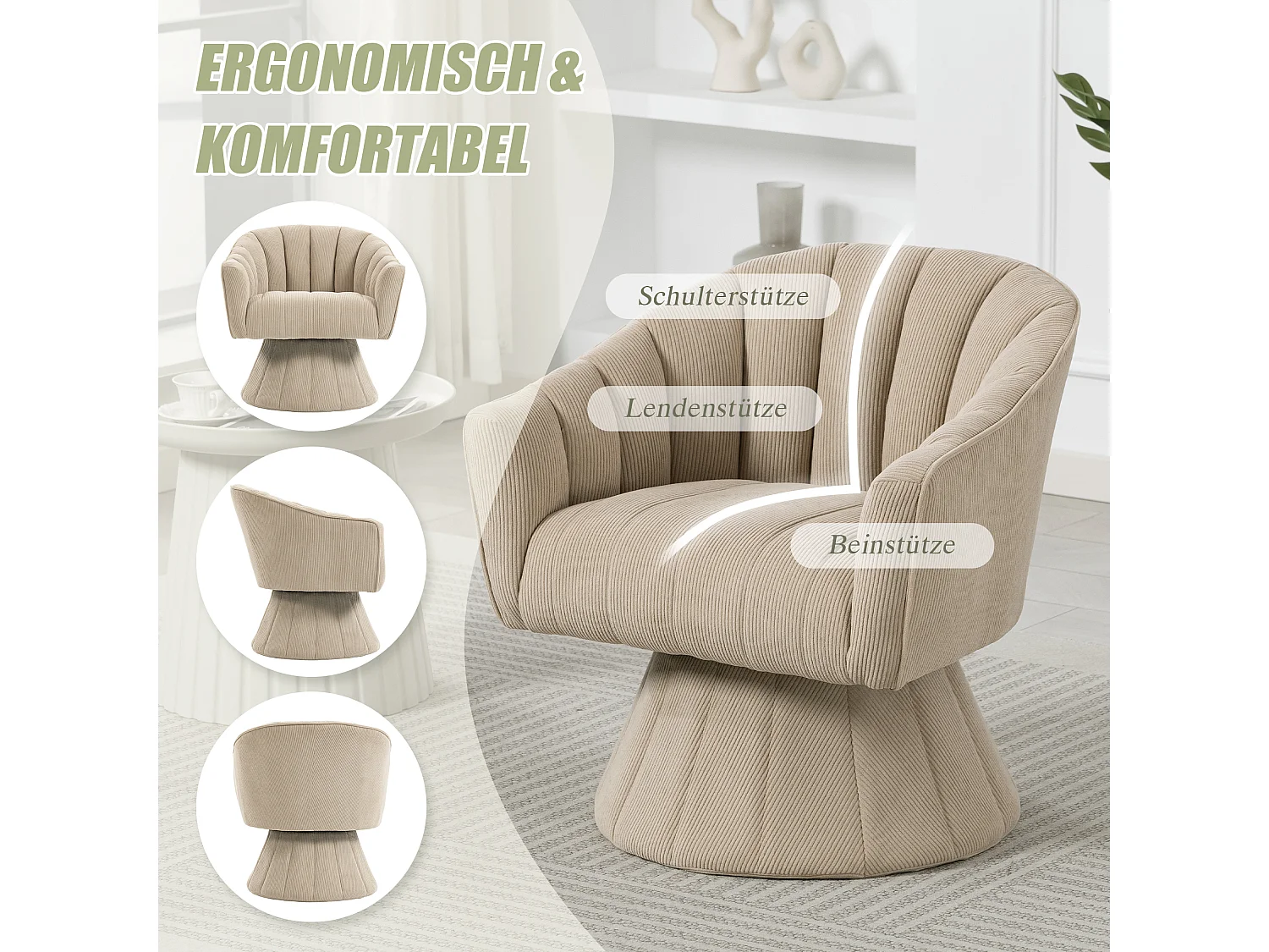 Fauteuil moderne pivotant à 360° - 70 x 66 x 72 cm - avec assise et dossier ergonomiques + accoudoirs - velours - kaki