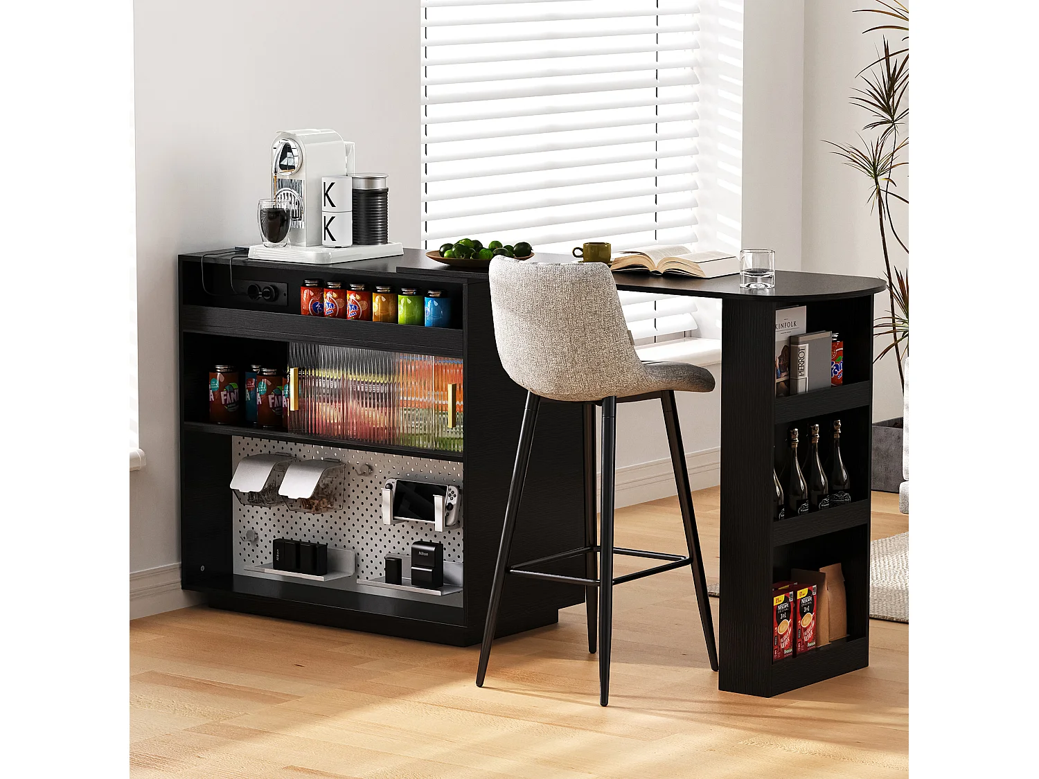 Mobile bar/credenza girevole estensibile - 120 x 50 x 95,5 cm - con anta + ripiani + LED + 2 cassetti - MDF - nero