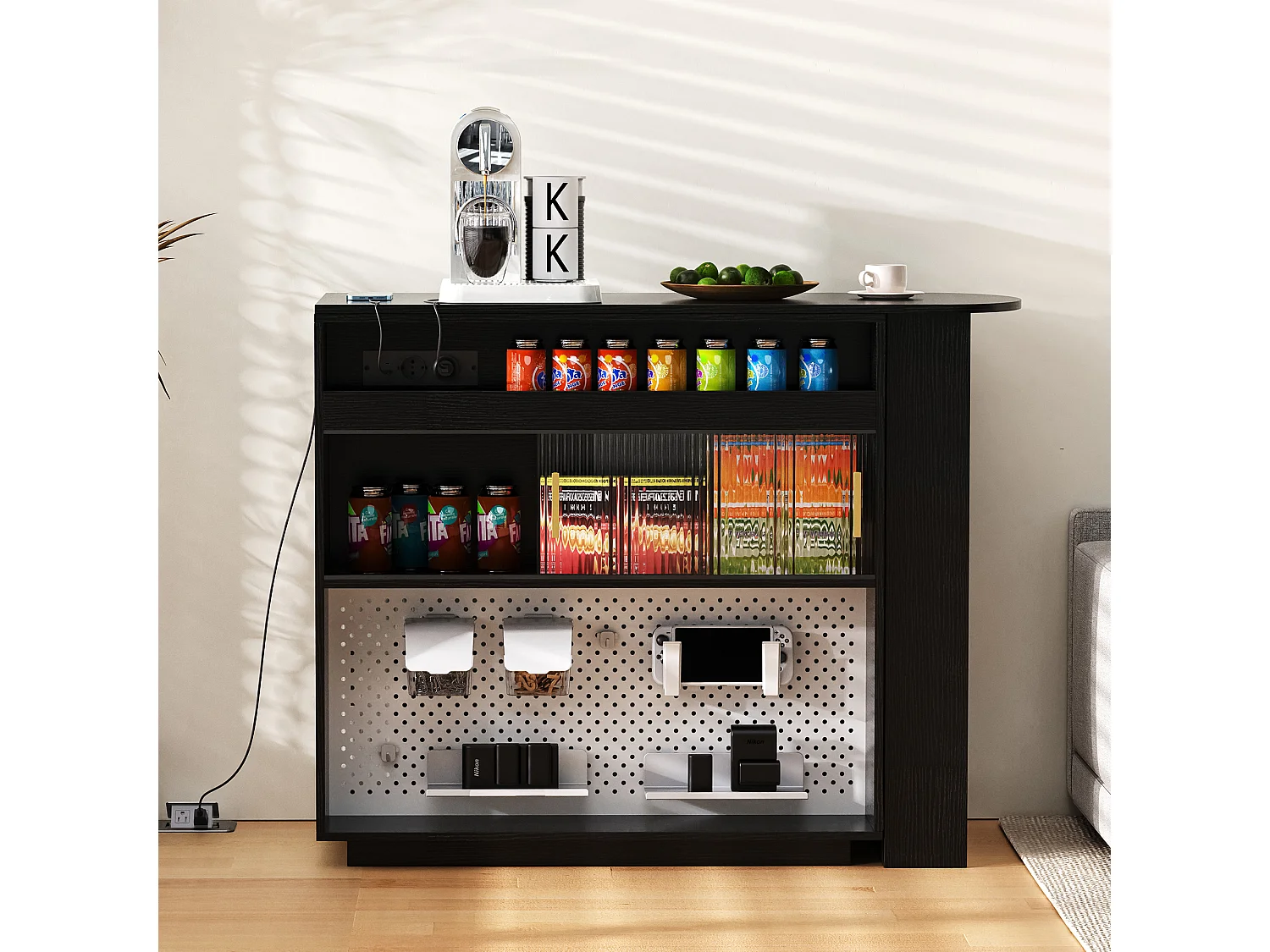 Mobile bar/credenza girevole estensibile - 120 x 50 x 95,5 cm - con anta + ripiani + LED + 2 cassetti - MDF - nero