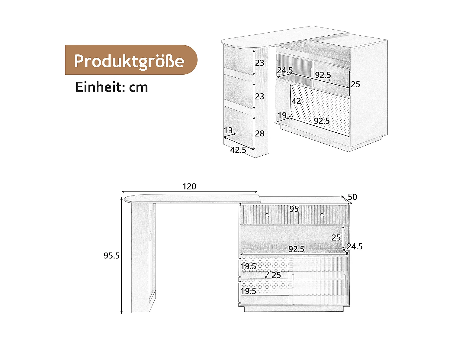 Mobile bar/credenza girevole estensibile - 120 x 50 x 95,5 cm - con anta + ripiani + LED + 2 cassetti - MDF - nero