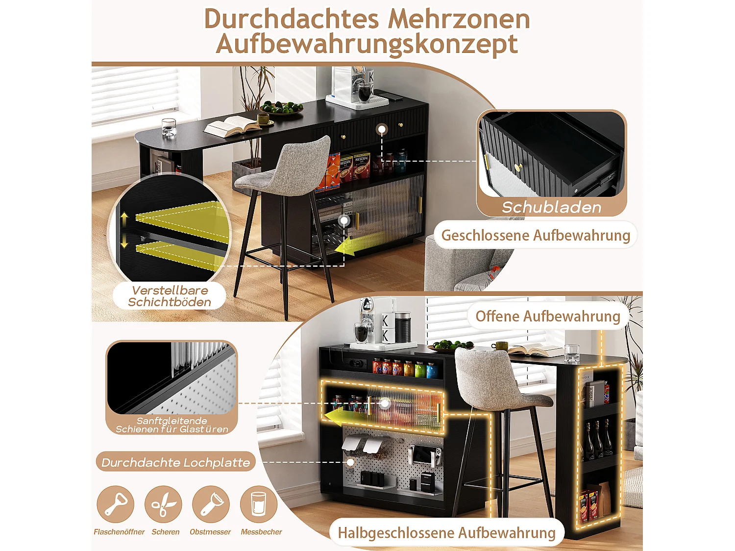 Mobile bar/credenza girevole estensibile - 120 x 50 x 95,5 cm - con anta + ripiani + LED + 2 cassetti - MDF - nero