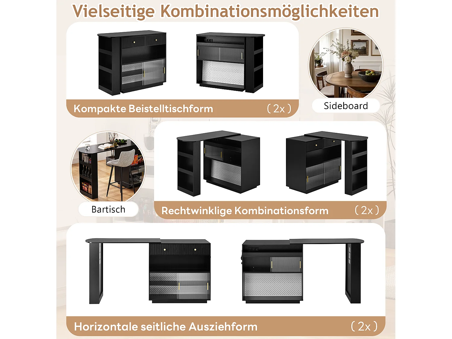 Mobile bar/credenza girevole estensibile - 120 x 50 x 95,5 cm - con anta + ripiani + LED + 2 cassetti - MDF - nero