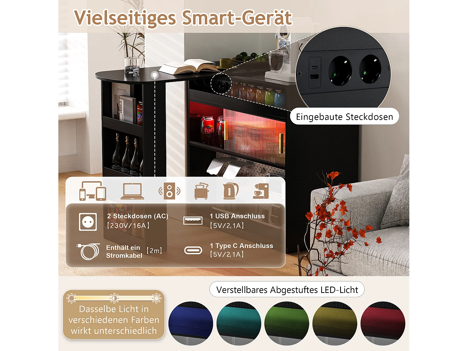 Mobile bar/credenza girevole estensibile - 120 x 50 x 95,5 cm - con anta + ripiani + LED + 2 cassetti - MDF - nero