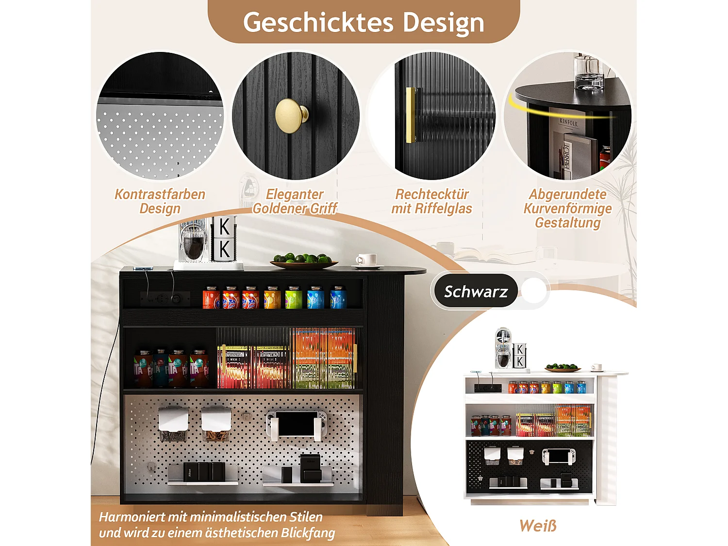 Mobile bar/credenza girevole estensibile - 120 x 50 x 95,5 cm - con anta + ripiani + LED + 2 cassetti - MDF - nero