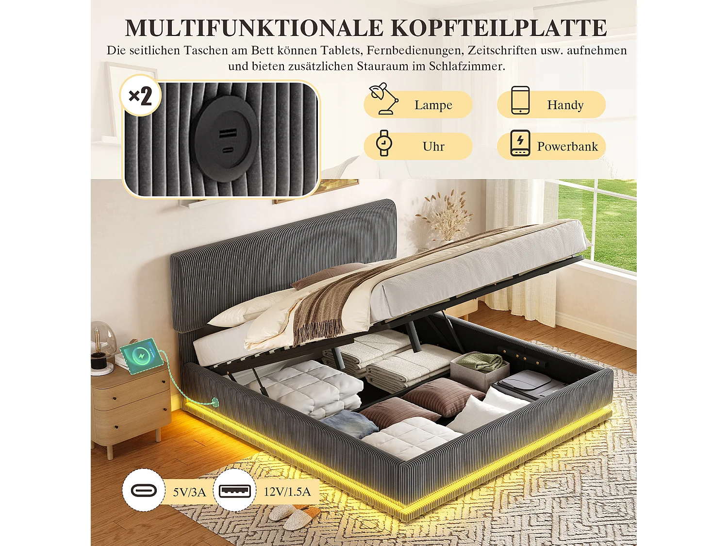 Lit coffre hydraulique capitonné - 160 x 200 cm - avec Leds + USB + tête de lit réglable - velours - gris