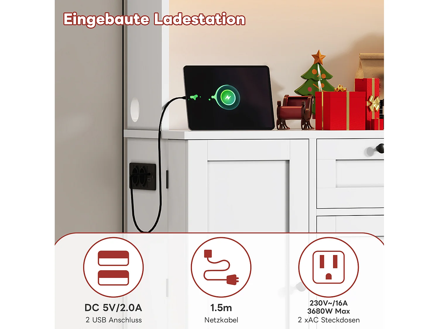 Wysoka komoda kuchenna - 105 x 40 x 180 cm - z szufladą + 5 drzwi + półki + diody + gniazdka - MDF - biała