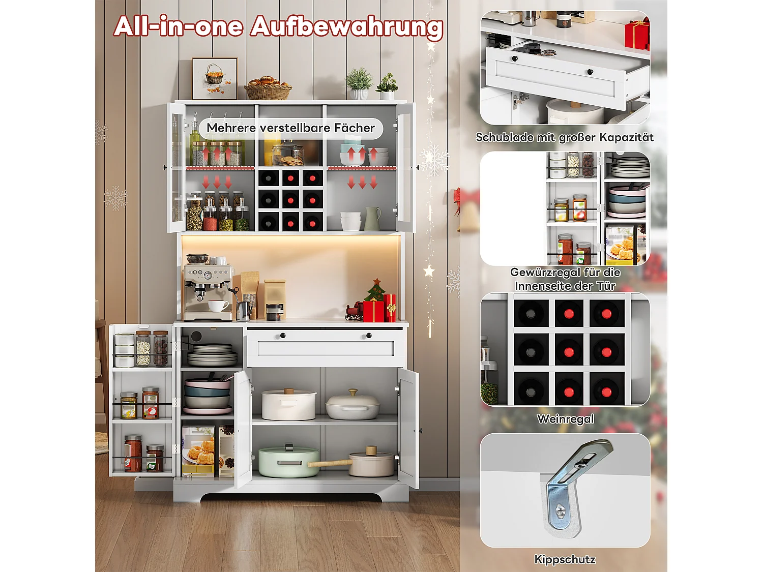 Wysoka komoda kuchenna - 105 x 40 x 180 cm - z szufladą + 5 drzwi + półki + diody + gniazdka - MDF - biała