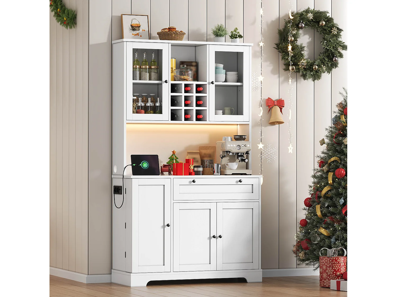 Wysoka komoda kuchenna - 105 x 40 x 180 cm - z szufladą + 5 drzwi + półki + diody + gniazdka - MDF - biała