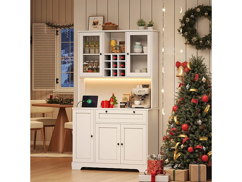 Wysoka komoda kuchenna - 105 x 40 x 180 cm - z szufladą + 5 drzwi + półki + diody + gniazdka - MDF - biała