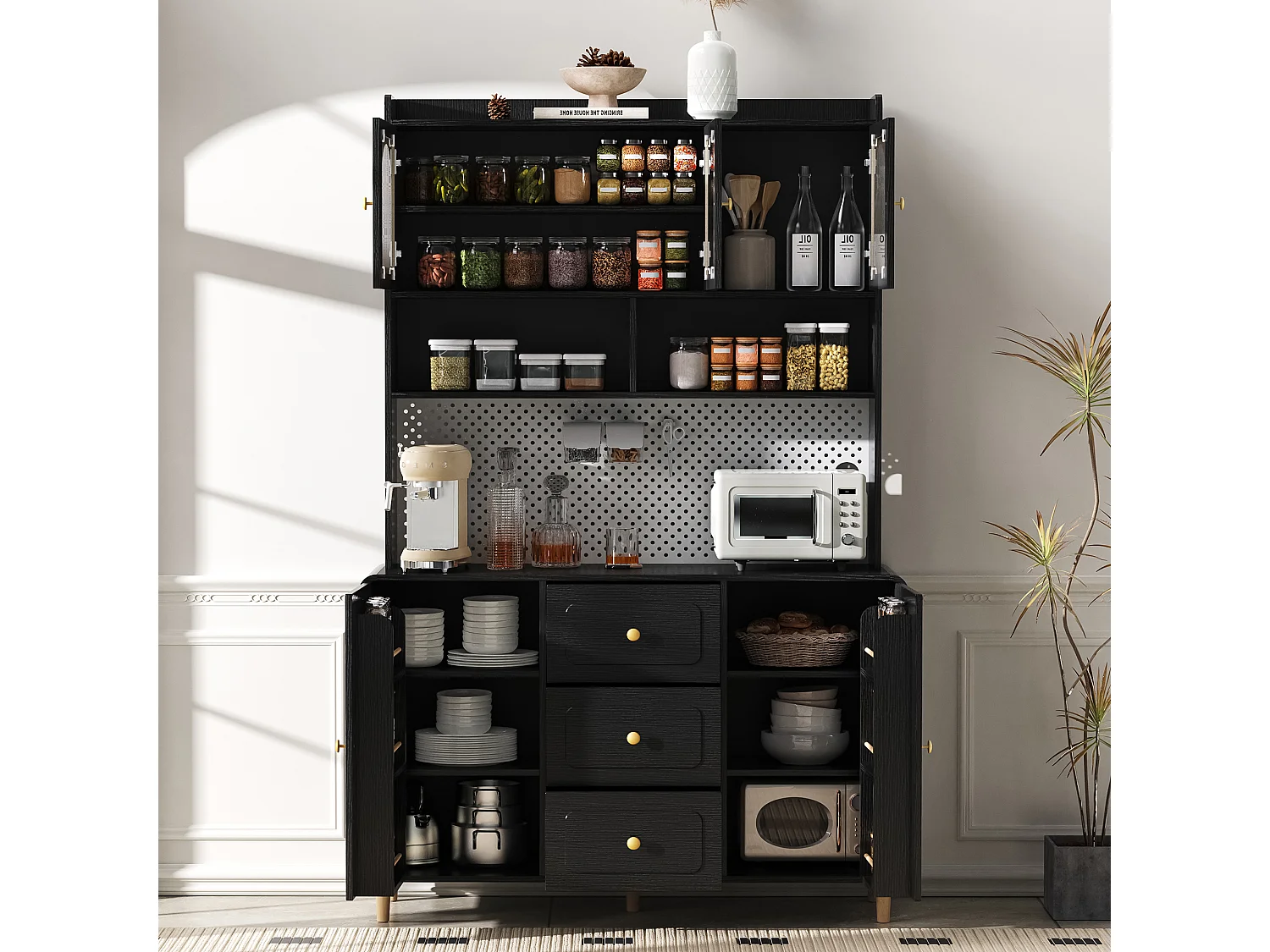 Wysoka komoda kuchenna - 140 x 40 x 190 cm - 3 szuflady + 5 drzwi + półki - MDF - czarna