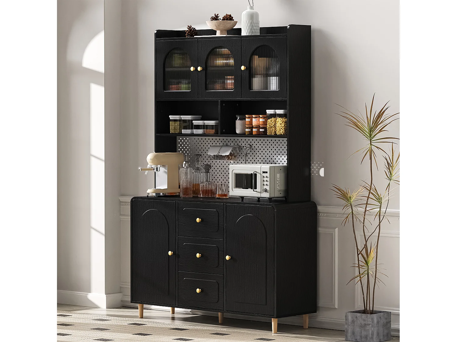 Wysoka komoda kuchenna - 140 x 40 x 190 cm - 3 szuflady + 5 drzwi + półki - MDF - czarna