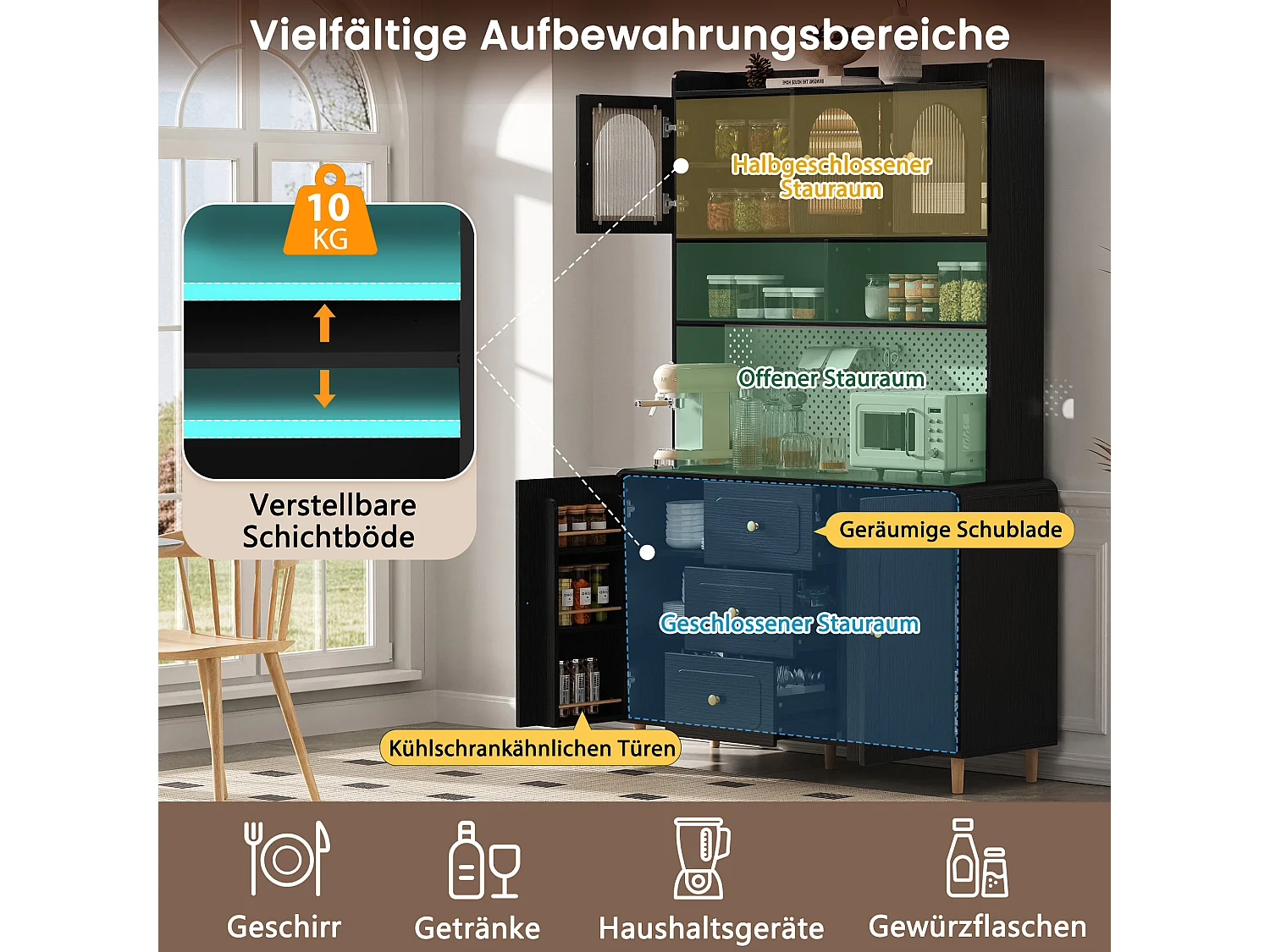 Wysoka komoda kuchenna - 140 x 40 x 190 cm - 3 szuflady + 5 drzwi + półki - MDF - czarna