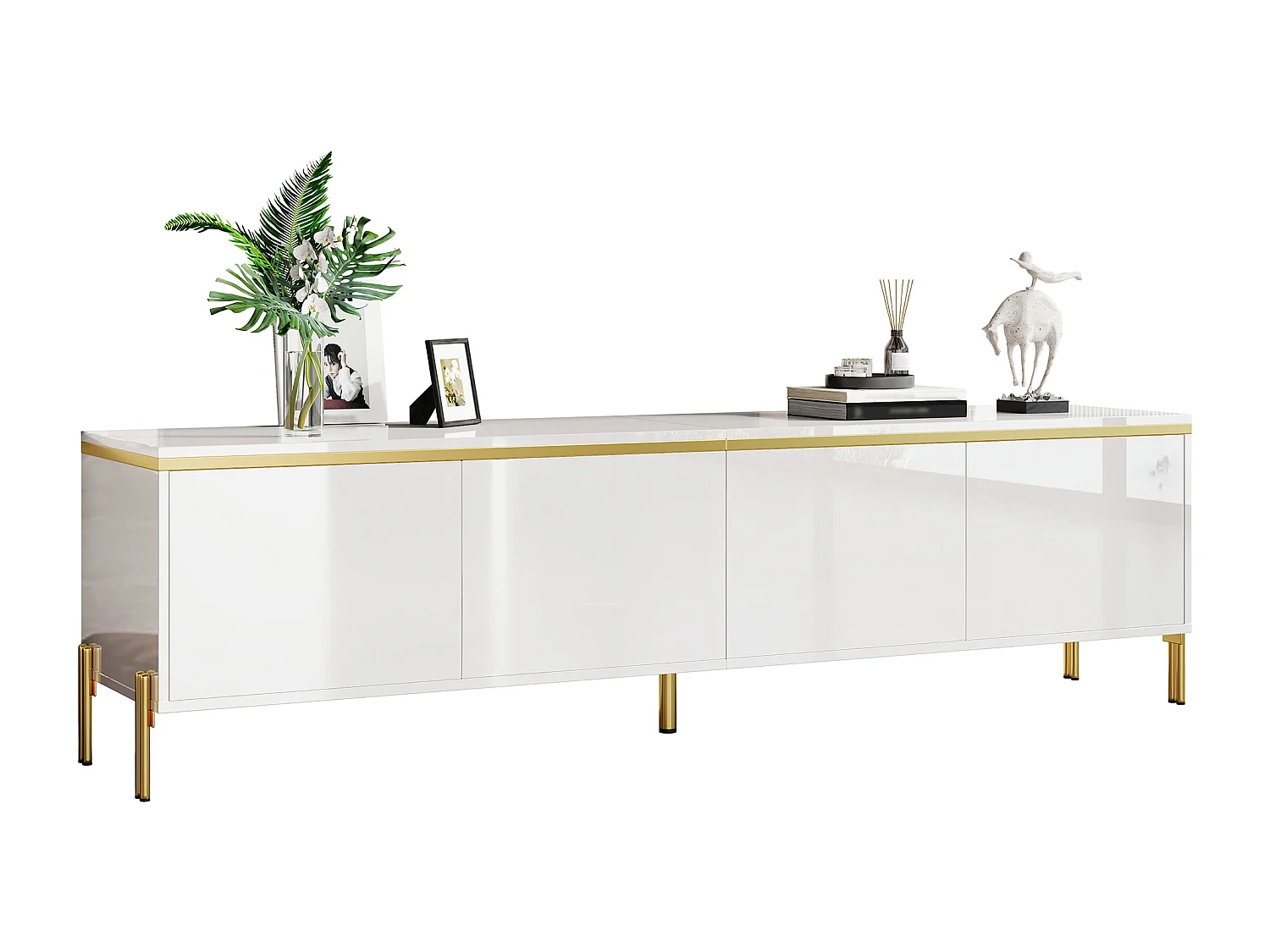 Moderner, glänzender TV-Ständer – 170 x 38 x 50 cm – mit 4 Türen und goldenen Kanten – Spanplatte – weiß