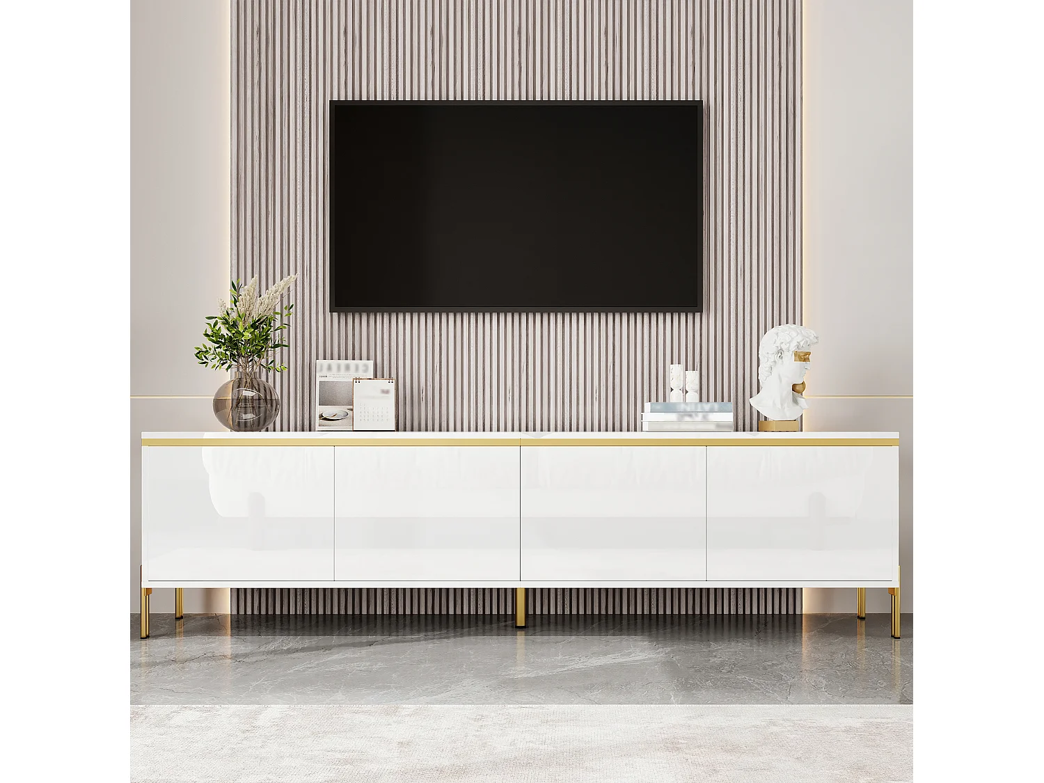 Moderner, glänzender TV-Ständer – 170 x 38 x 50 cm – mit 4 Türen und goldenen Kanten – Spanplatte – weiß