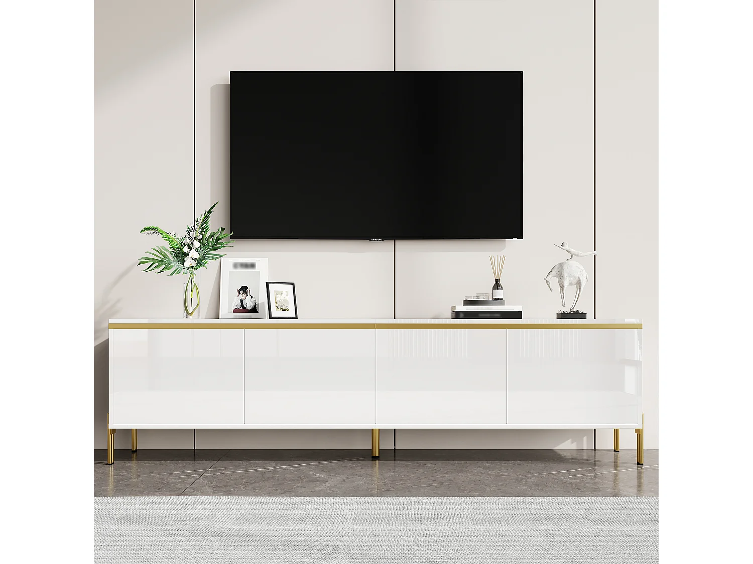 Moderner, glänzender TV-Ständer – 170 x 38 x 50 cm – mit 4 Türen und goldenen Kanten – Spanplatte – weiß