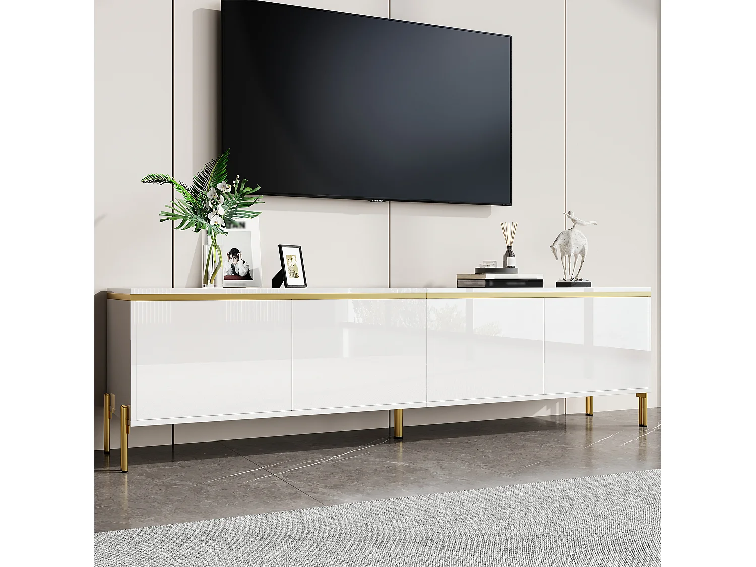 Moderner, glänzender TV-Ständer – 170 x 38 x 50 cm – mit 4 Türen und goldenen Kanten – Spanplatte – weiß