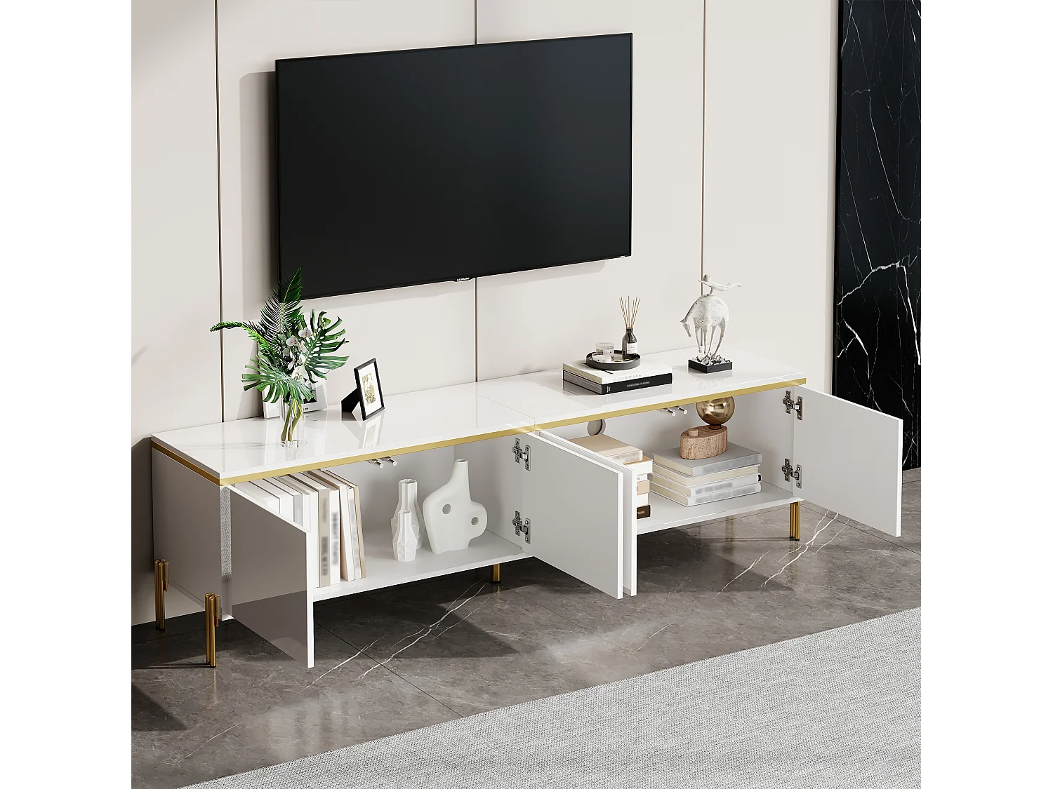 Moderner, glänzender TV-Ständer – 170 x 38 x 50 cm – mit 4 Türen und goldenen Kanten – Spanplatte – weiß
