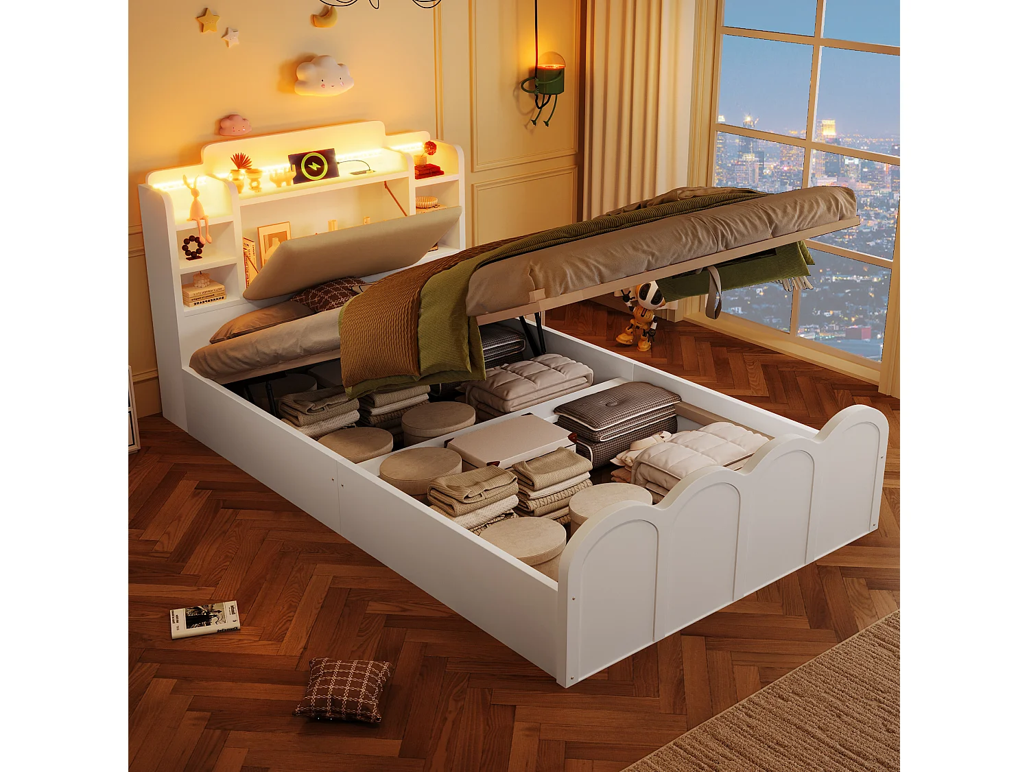 Lit coffre hydraulique - 90 x 200 cm - avec USB + Leds + tête de lit rangement ouvrable - bois - blanc