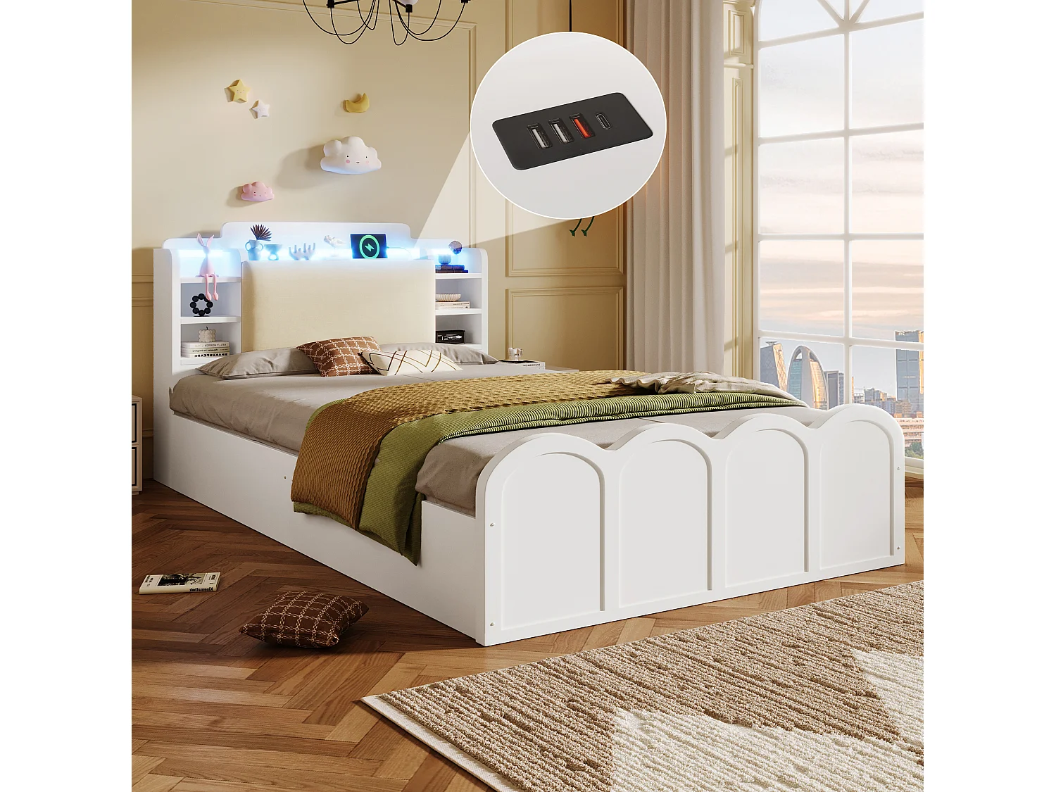 Lit coffre hydraulique - 90 x 200 cm - avec USB + Leds + tête de lit rangement ouvrable - bois - blanc