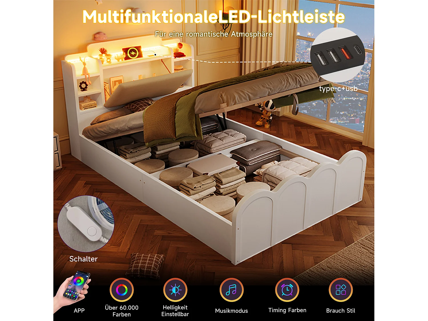 Lit coffre hydraulique - 90 x 200 cm - avec USB + Leds + tête de lit rangement ouvrable - bois - blanc