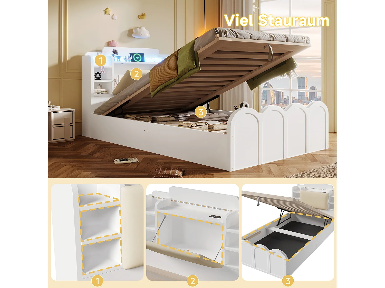 Lit coffre hydraulique - 90 x 200 cm - avec USB + Leds + tête de lit rangement ouvrable - bois - blanc