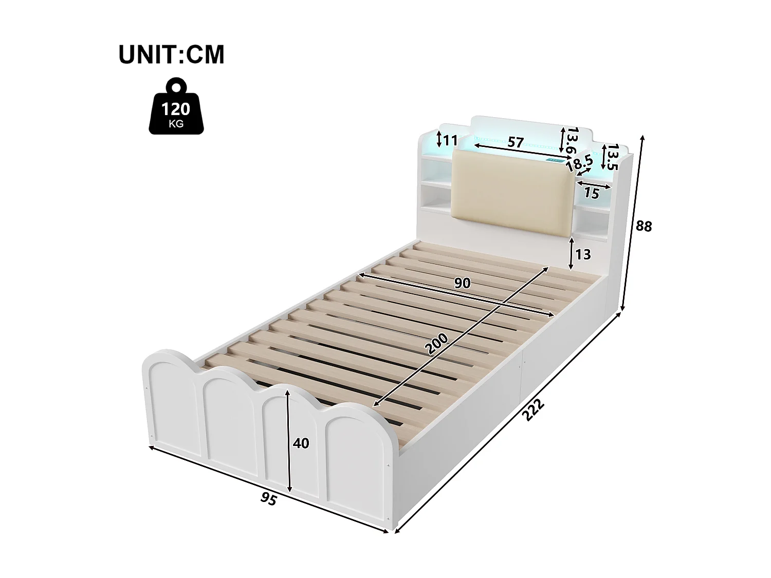 Lit coffre hydraulique - 90 x 200 cm - avec USB + Leds + tête de lit rangement ouvrable - bois - blanc