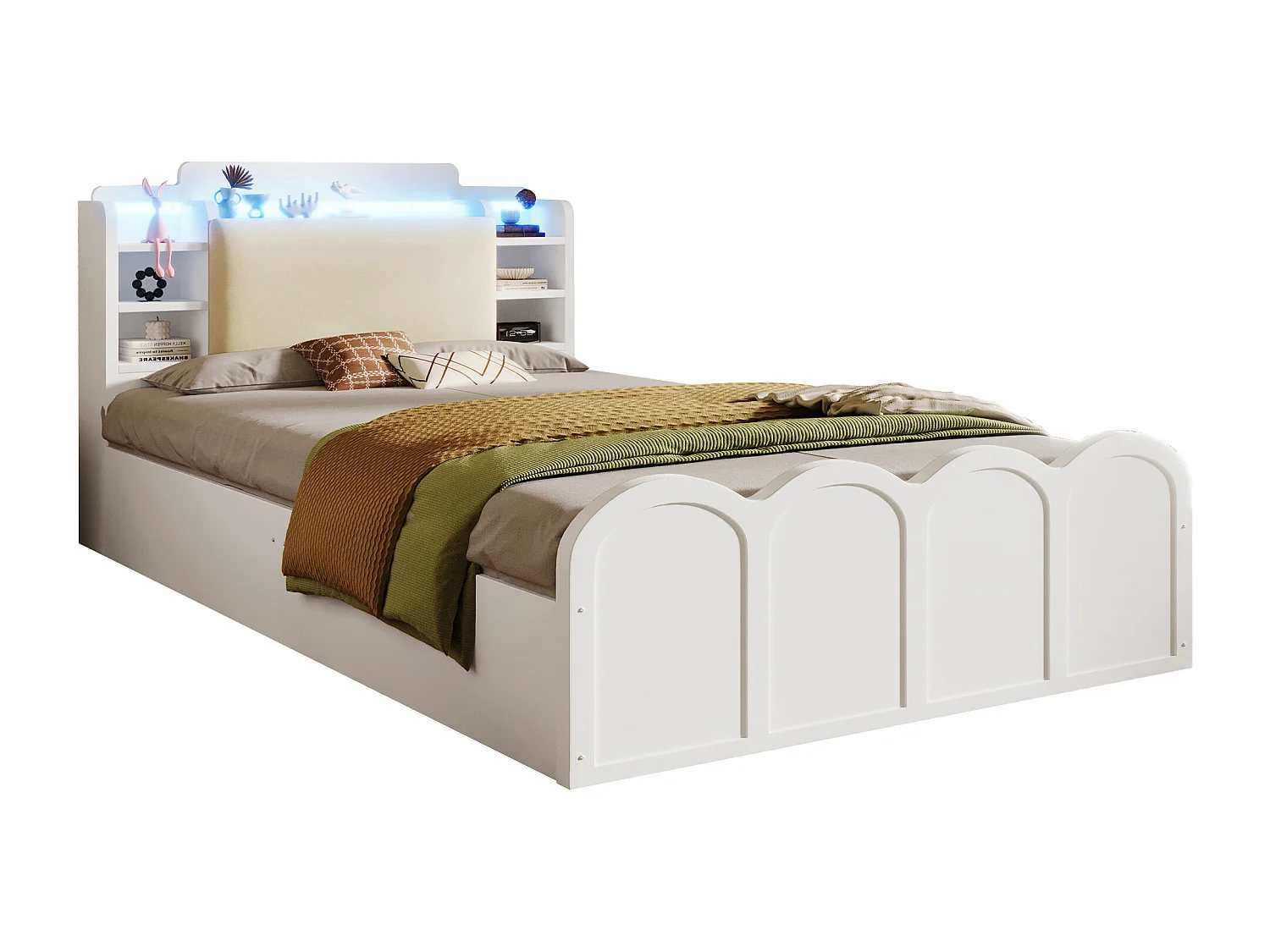 Lit coffre hydraulique - 90 x 200 cm - avec USB + Leds + tête de lit rangement ouvrable - bois - blanc