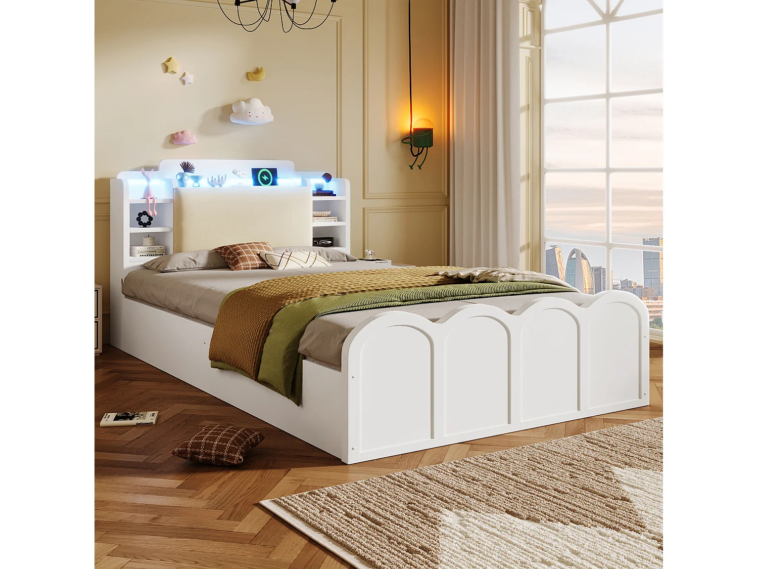 Lit coffre hydraulique - 90 x 200 cm - avec USB + Leds + tête de lit rangement ouvrable - bois - blanc