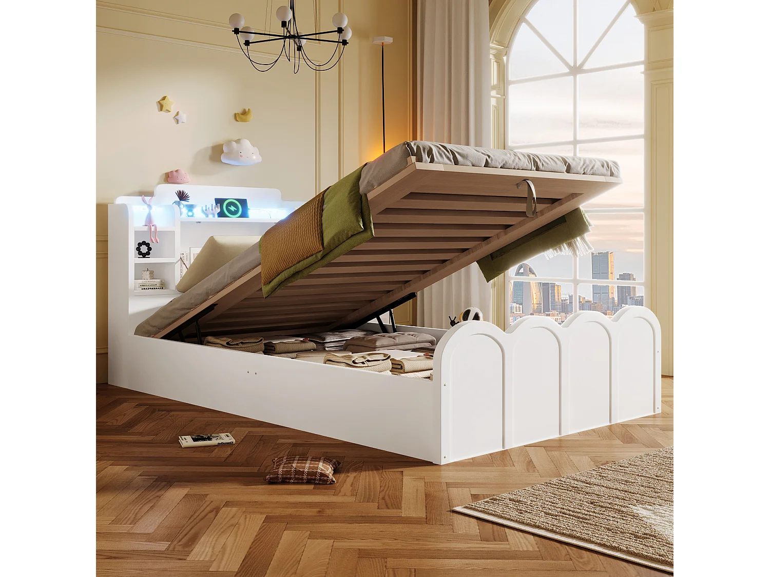 Lit coffre hydraulique - 90 x 200 cm - avec USB + Leds + tête de lit rangement ouvrable - bois - blanc