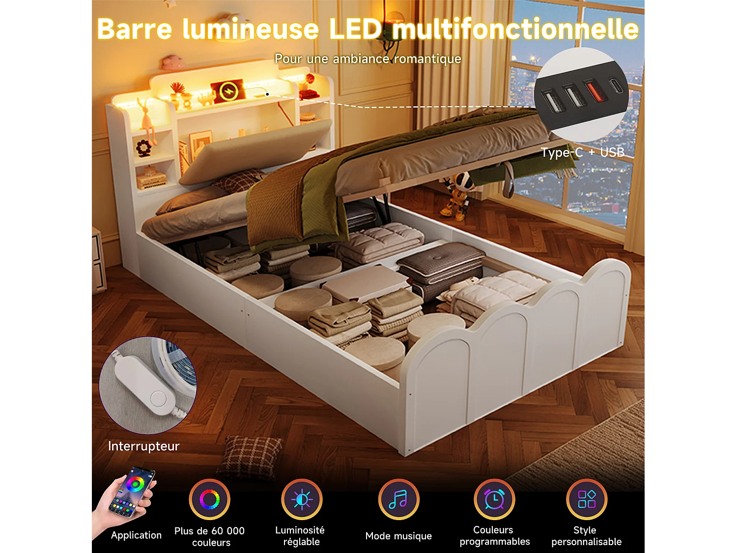 Lit coffre hydraulique - 90 x 200 cm - avec USB + Leds + tête de lit rangement ouvrable - bois - blanc