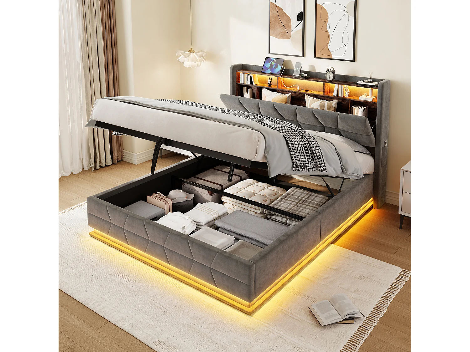 Hydraulisch opbergbed - 160 x 200 cm - met LED-verlichting + zijvakken + USB/Type-C + hoofdbord met opbergruimte - fluweel - donkergrijs