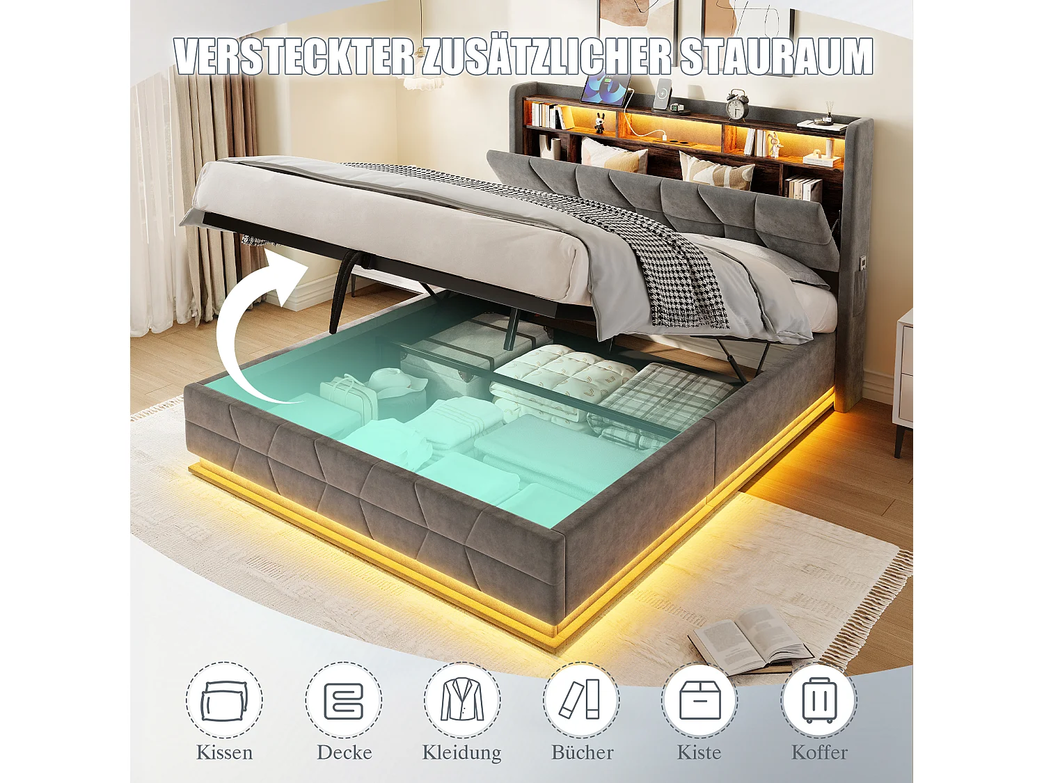 Hydraulisch opbergbed - 160 x 200 cm - met LED-verlichting + zijvakken + USB/Type-C + hoofdbord met opbergruimte - fluweel - donkergrijs