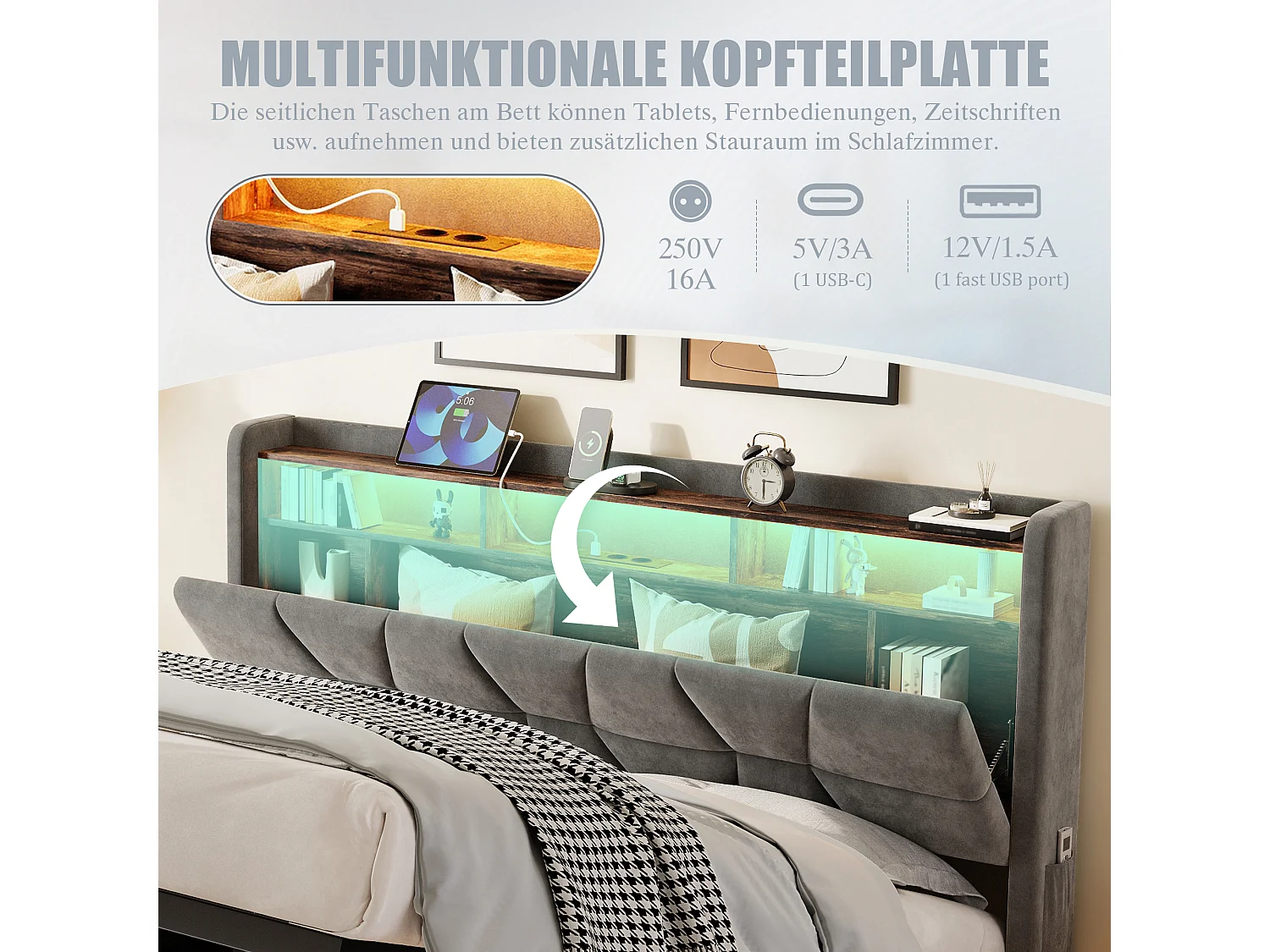 Hydraulisch opbergbed - 160 x 200 cm - met LED-verlichting + zijvakken + USB/Type-C + hoofdbord met opbergruimte - fluweel - donkergrijs