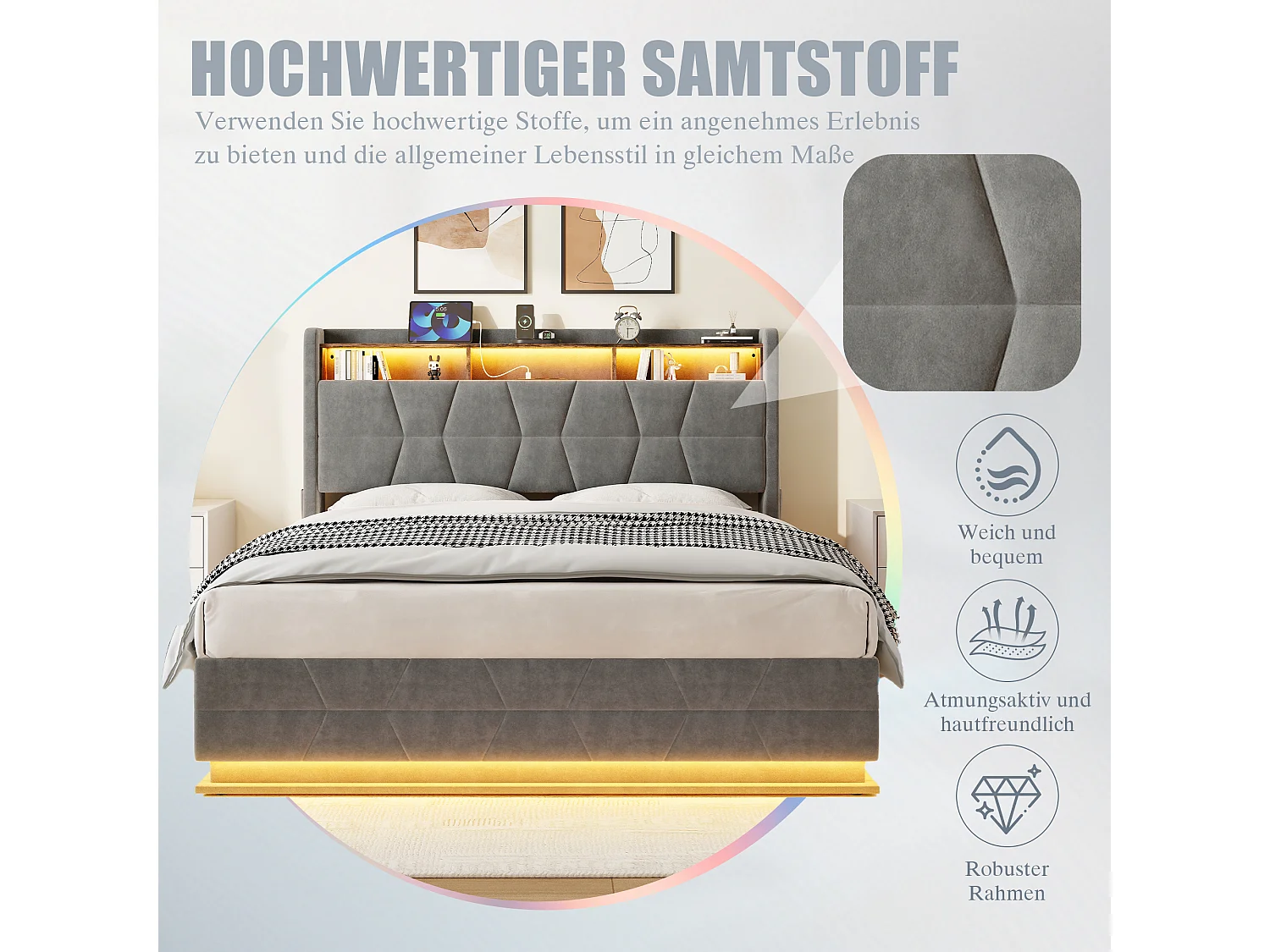 Hydraulisch opbergbed - 160 x 200 cm - met LED-verlichting + zijvakken + USB/Type-C + hoofdbord met opbergruimte - fluweel - donkergrijs