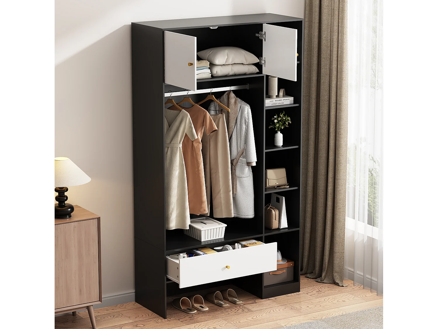 Kompakter Garderobenschrank – 105 x 40 x 185 cm – mit 2 Türen, 6 Fächern, Kleiderstange und Schublade – Spanplatte – weiß und schwarz