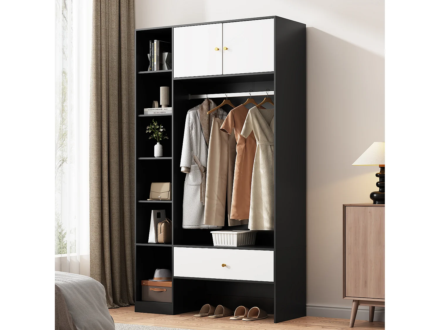 Kompakter Garderobenschrank – 105 x 40 x 185 cm – mit 2 Türen, 6 Fächern, Kleiderstange und Schublade – Spanplatte – weiß und schwarz