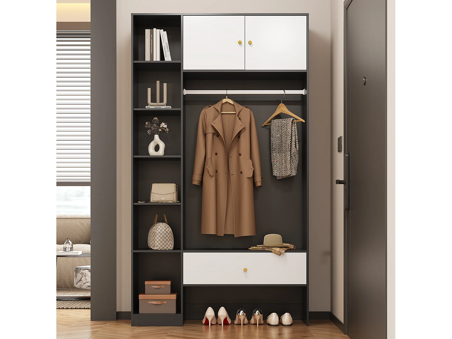 Kompakter Garderobenschrank – 105 x 40 x 185 cm – mit 2 Türen, 6 Fächern, Kleiderstange und Schublade – Spanplatte – weiß und schwarz