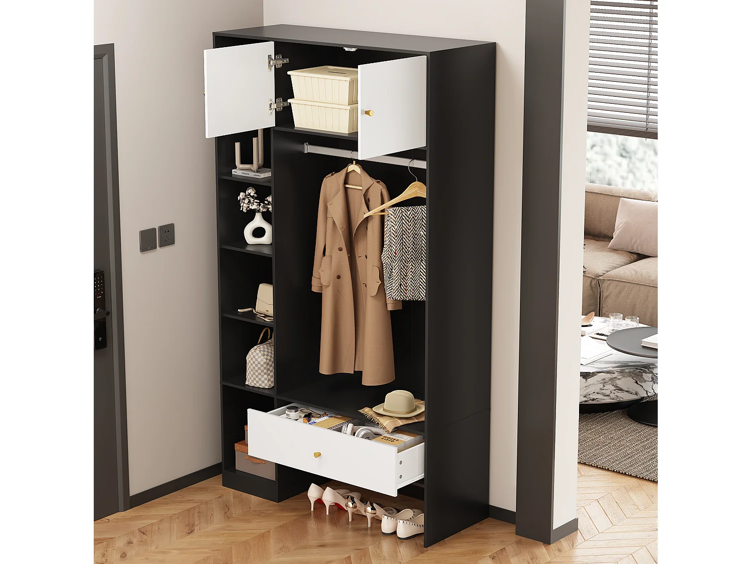 Kompakter Garderobenschrank – 105 x 40 x 185 cm – mit 2 Türen, 6 Fächern, Kleiderstange und Schublade – Spanplatte – weiß und schwarz