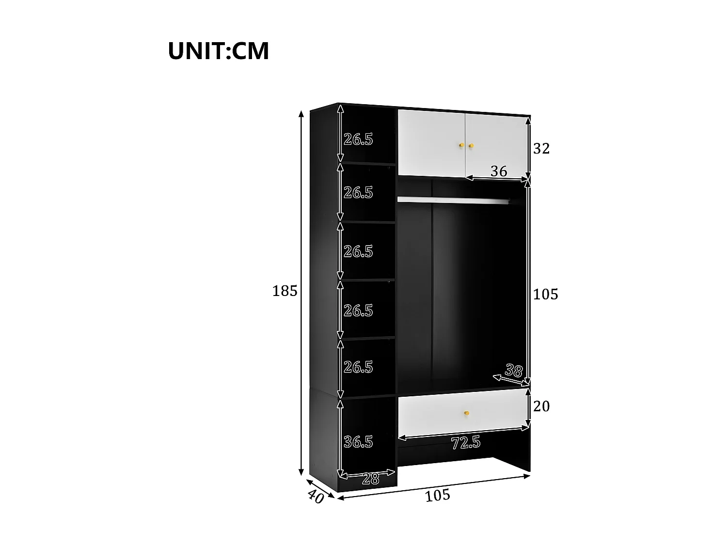 Kompakter Garderobenschrank – 105 x 40 x 185 cm – mit 2 Türen, 6 Fächern, Kleiderstange und Schublade – Spanplatte – weiß und schwarz